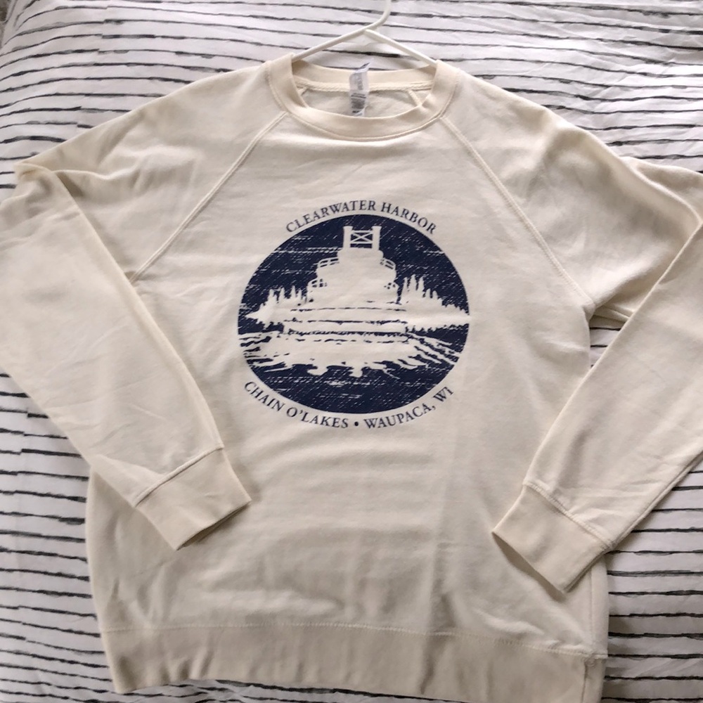 Soft cream sweatshirt with navy blue design, sz S
